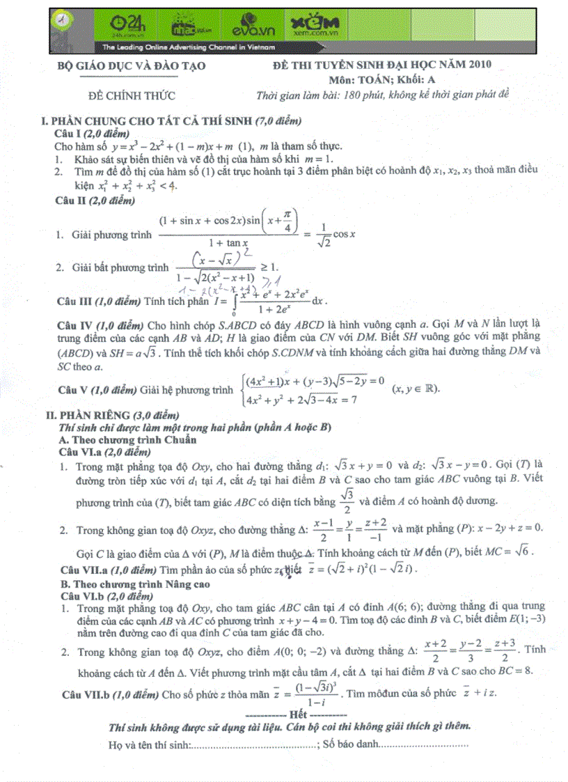 Đề đáp án đề thi tuyển sinh đại học 2010 môn toán