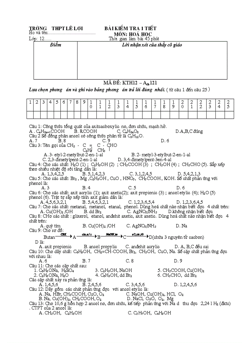 Đề kiểm tra 1 tiết hóa 12 bài số 1