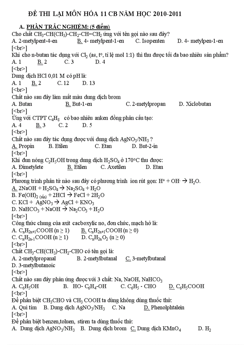 Đề thi lại hóa 11 cb