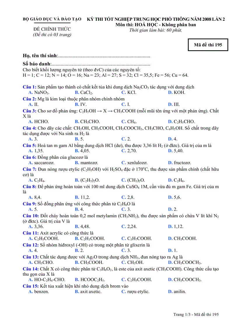Đề Hóa TN kpb 195