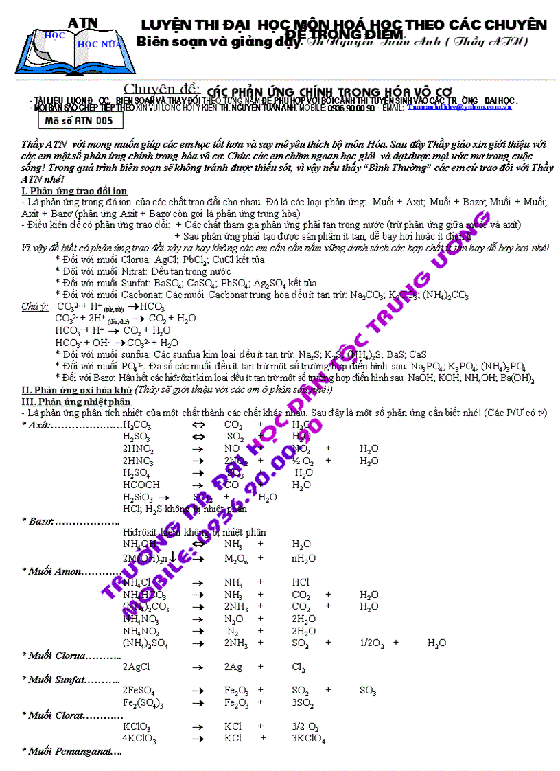 Chuyên đề các pư chính hóa vô cơ ôn thi đh