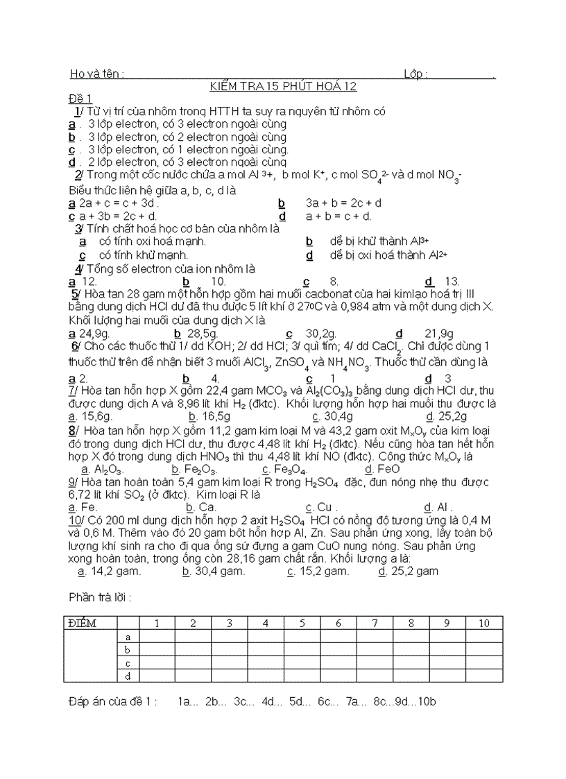 De KT 15 phut hoa lop 12