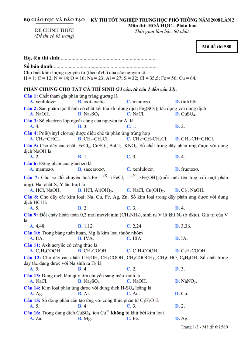 Đề tham khảo TN Hóa 580