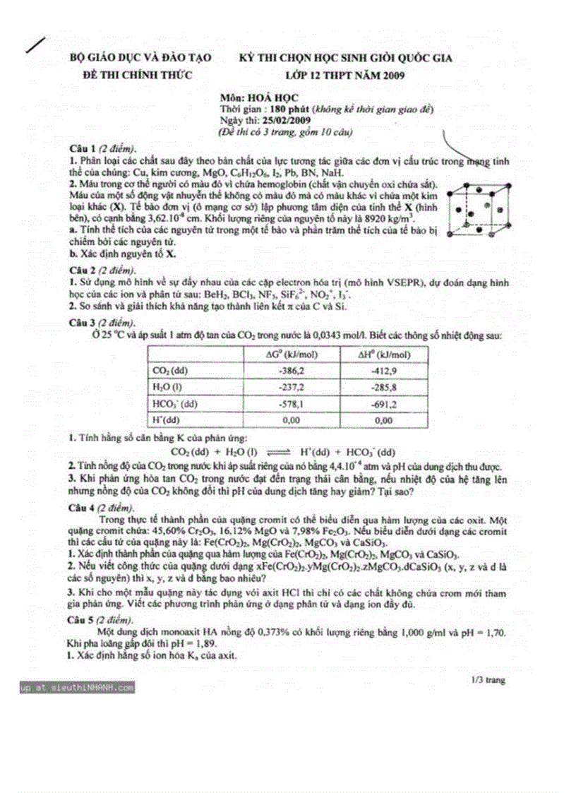 Đề thi hsg hóa quốc gia năm 2009