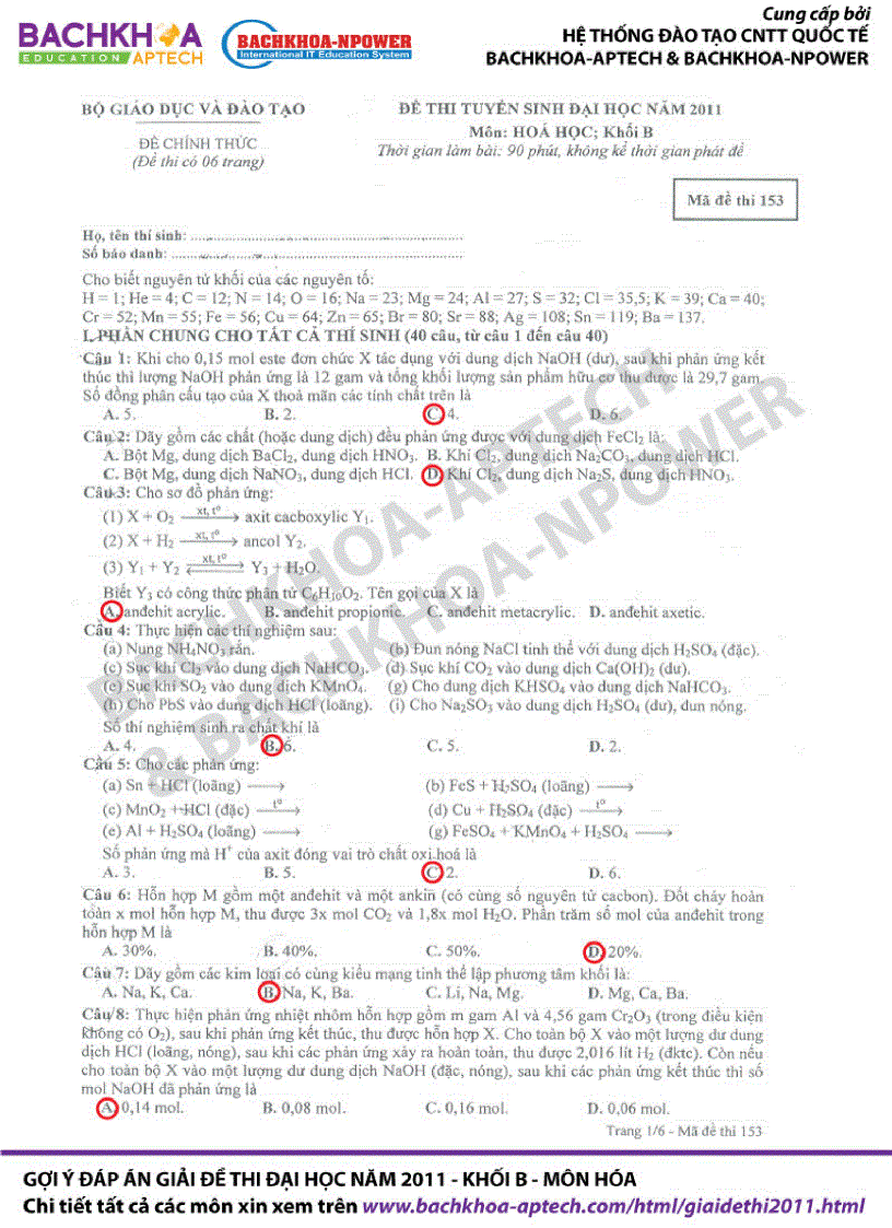 Đề đáp án ĐH môn Hóa Khối B