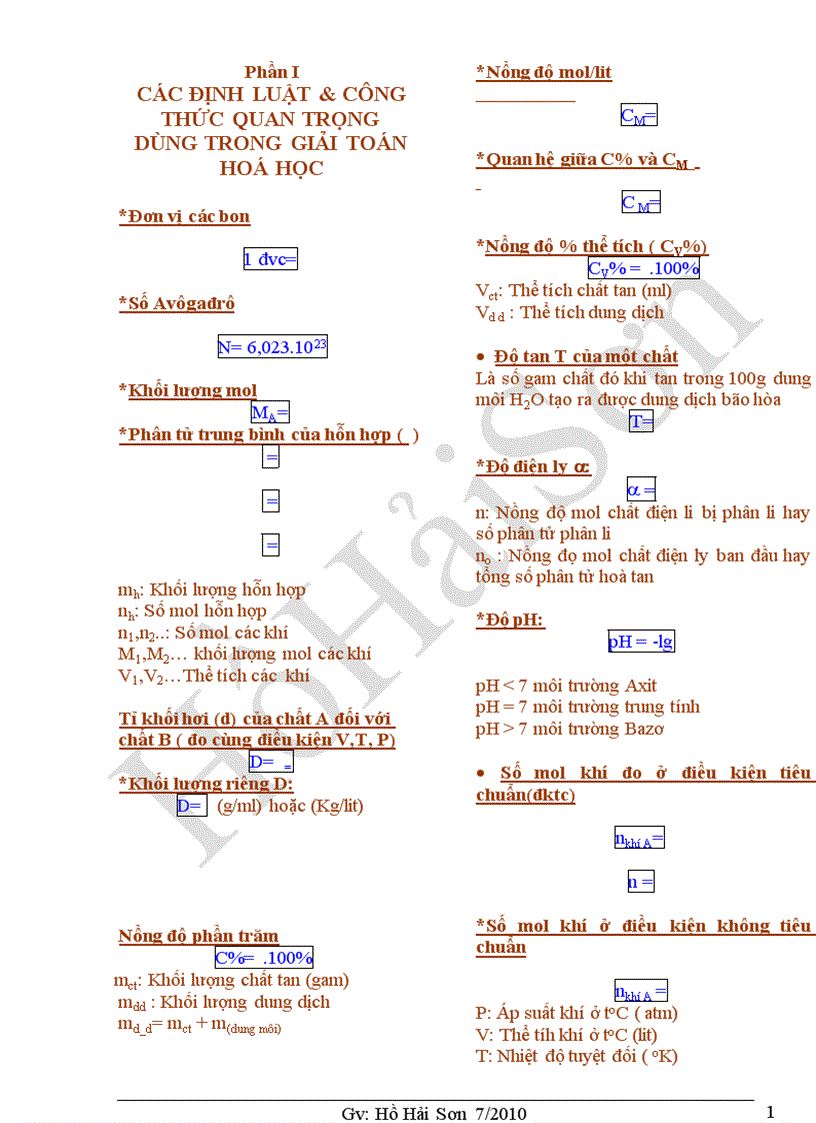 Công thức định luật giải toán hoá học