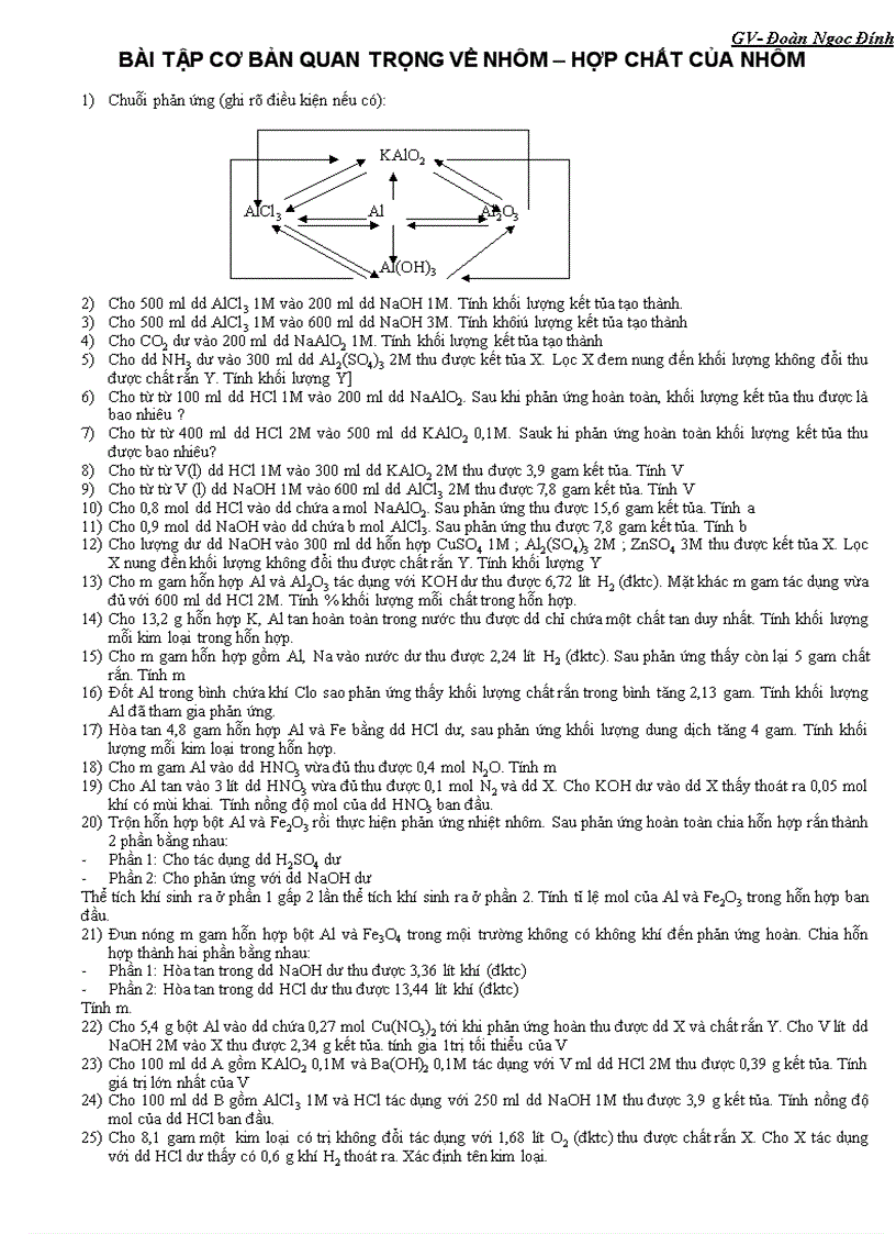 Các dạng bài tập cơ bản nhôm hợp chất nhôm