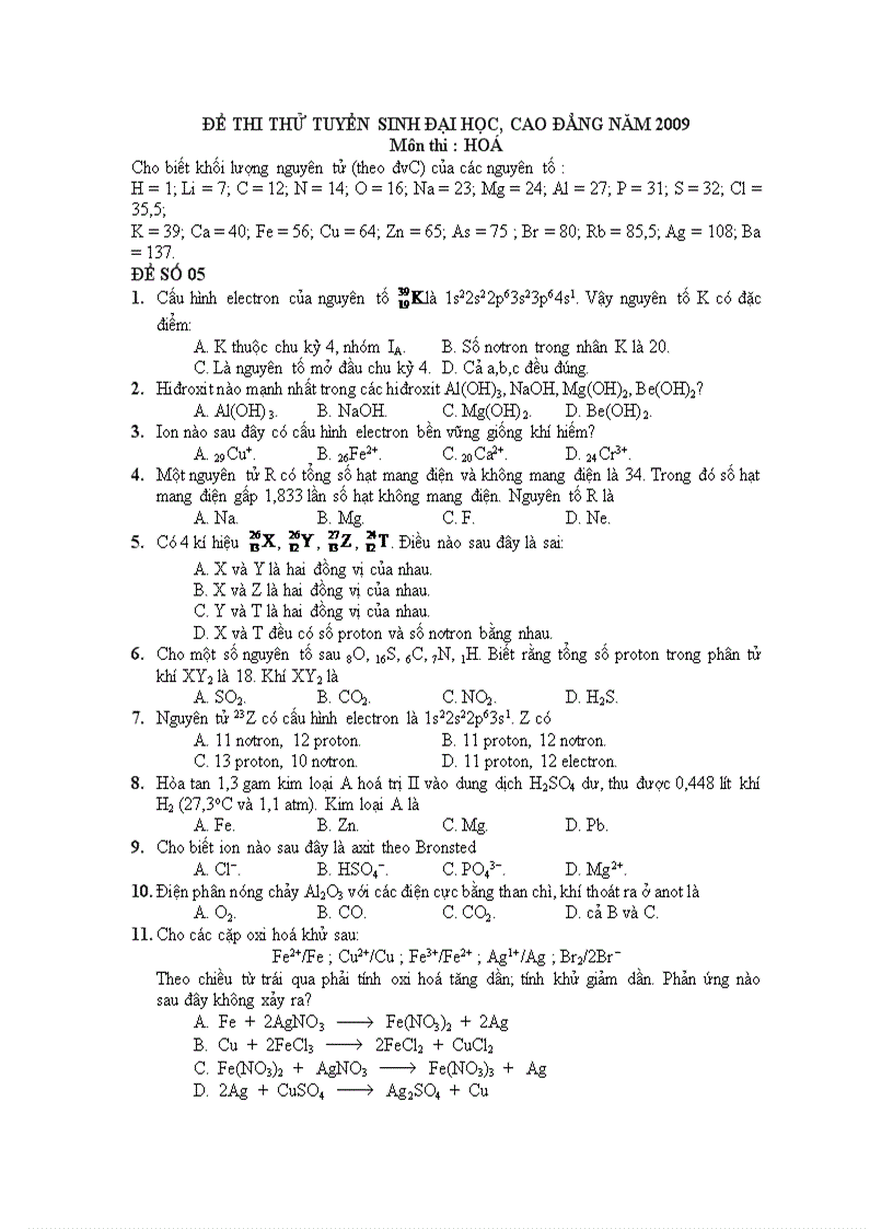 Đề thi thử đh 2009 mã 05 đáp án