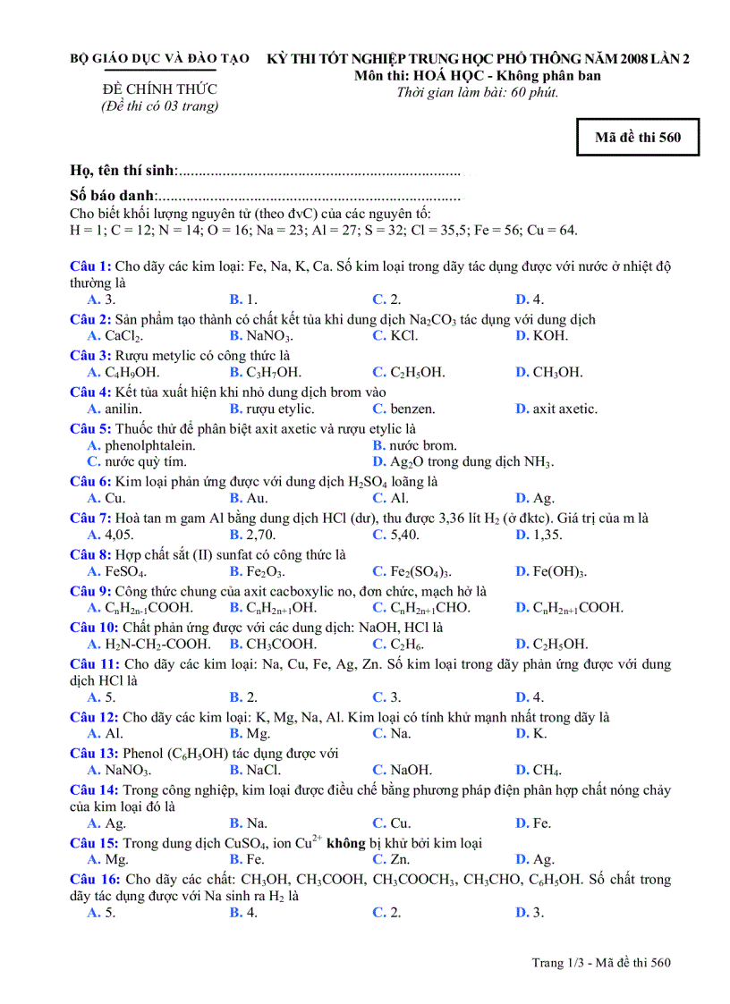 Đề Hóa TN kpb 560