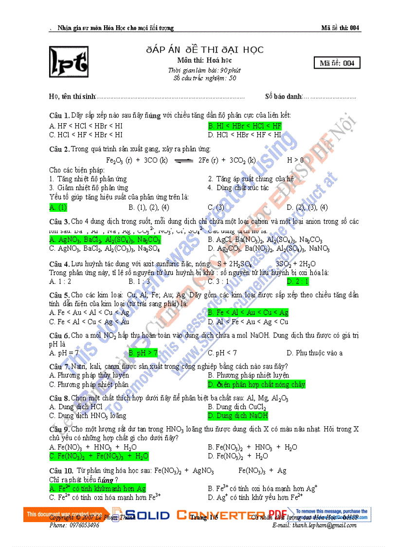 Đáp án Đề Lê Phạm Thành 004