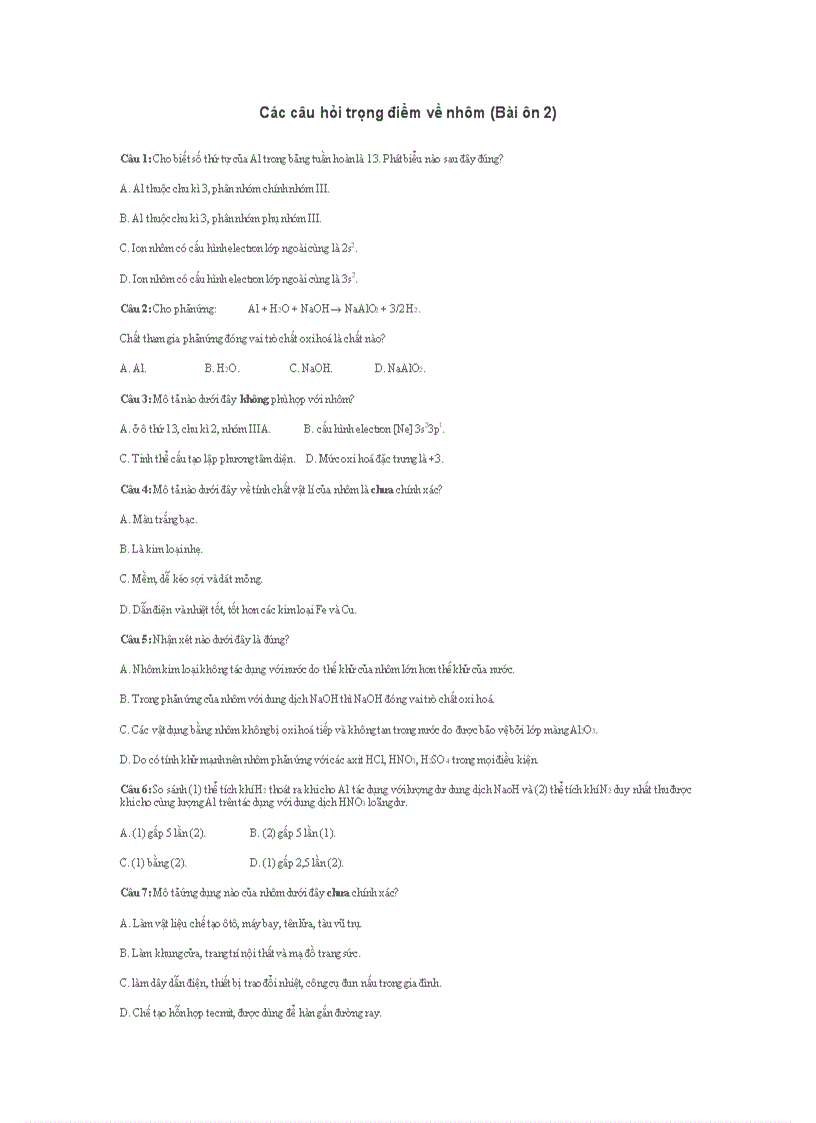 Các câu hỏi trọng điểm về nhôm 2