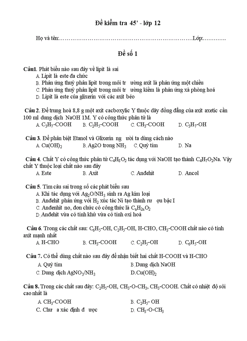 Đề Kt 45 phút 12NC hay