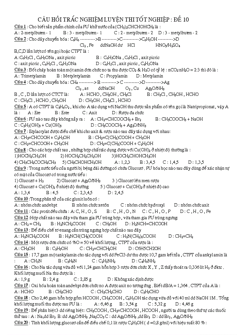 Câu Hỏi Trắc Nghiệm Luyện Thi Tốt Nghiệp ĐÊ 10