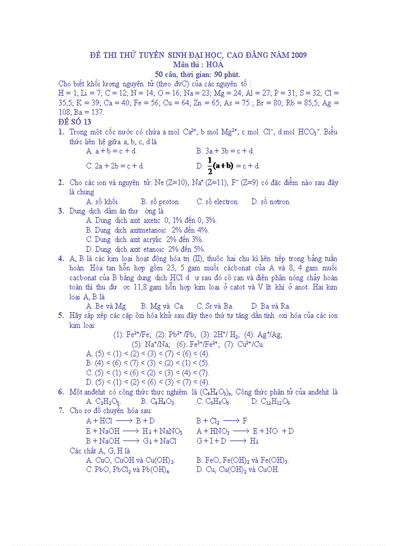 Đề thi thử đh 2009 mã 13 đáp án