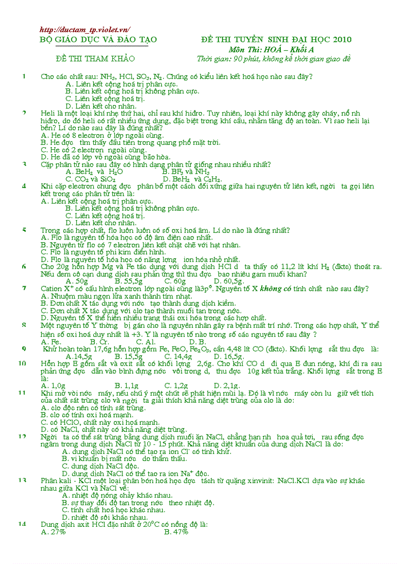 Đại học Hóa 2010 số 1