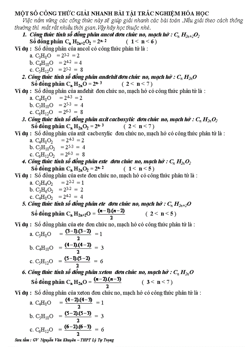 Công thức giải nhanh trắc nghiệm hóa học