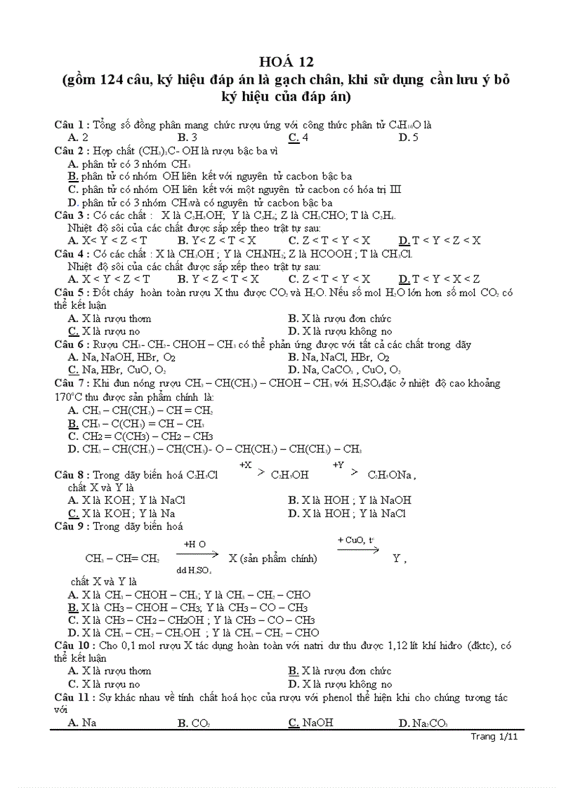 124 câu trắc nghiệm hóa 12
