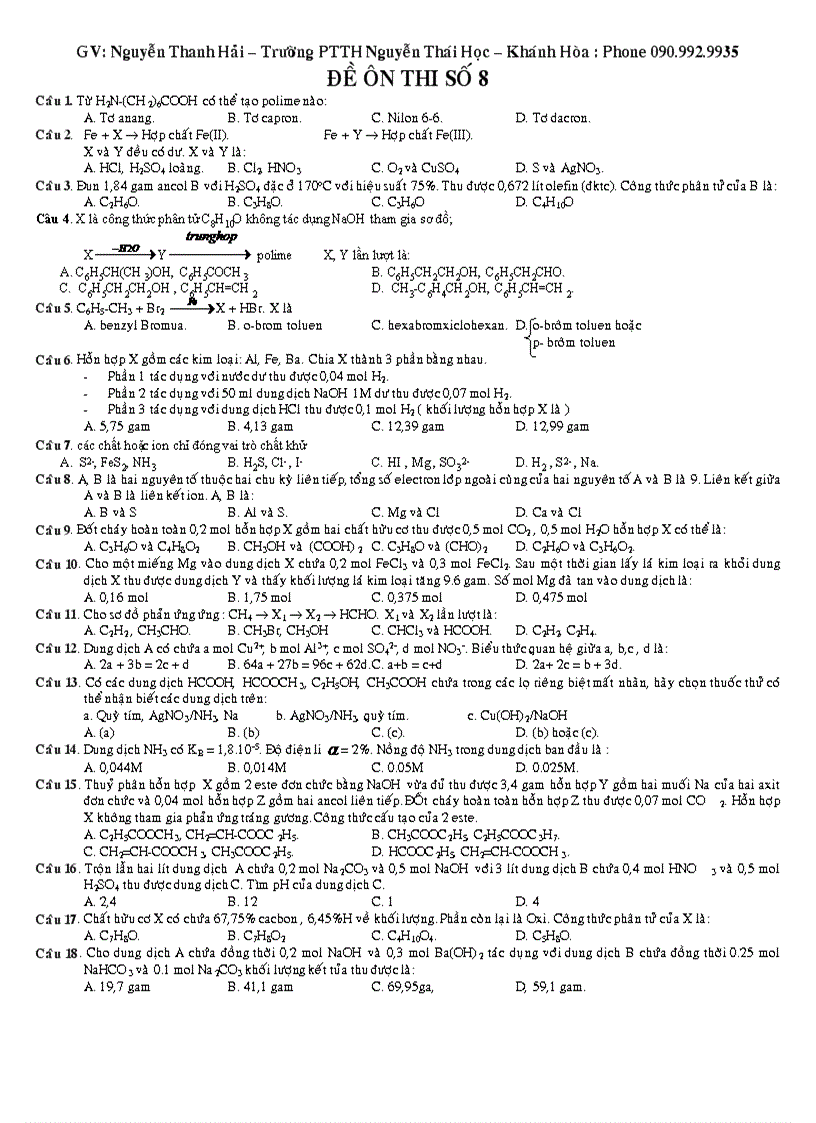 Đề đáp án Nguyễn Thanh Hải 08