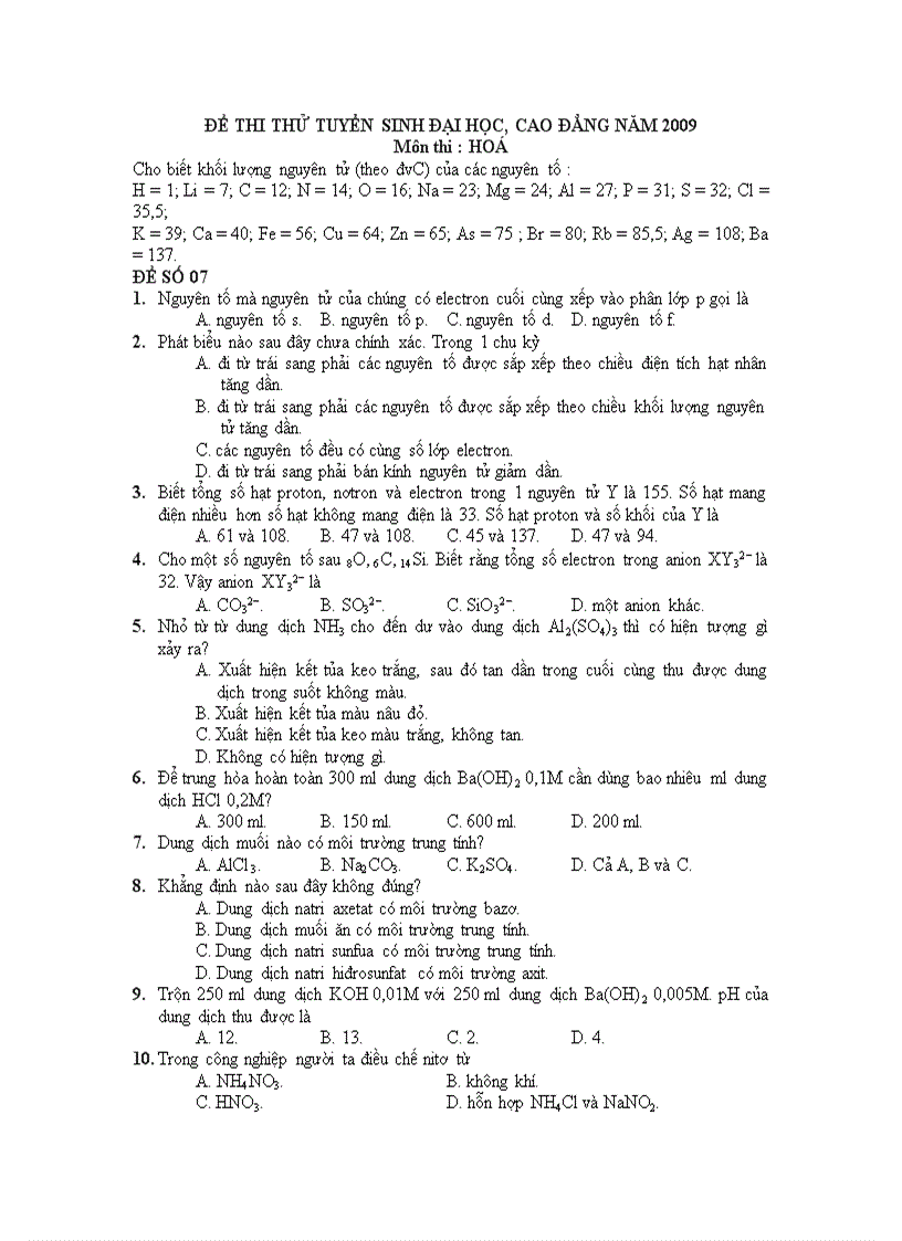 Đề thi thử đh 2009 mã 07 đáp án