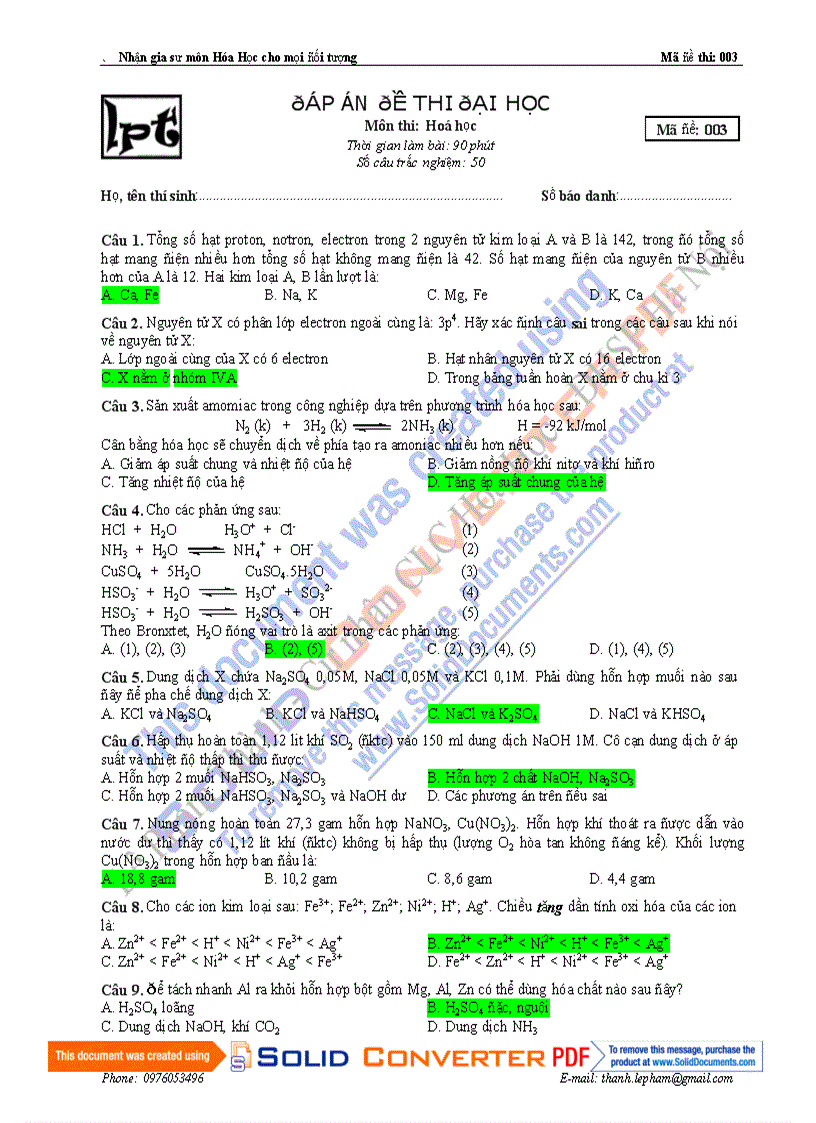 Đáp án Đề Lê Phạm Thành 003