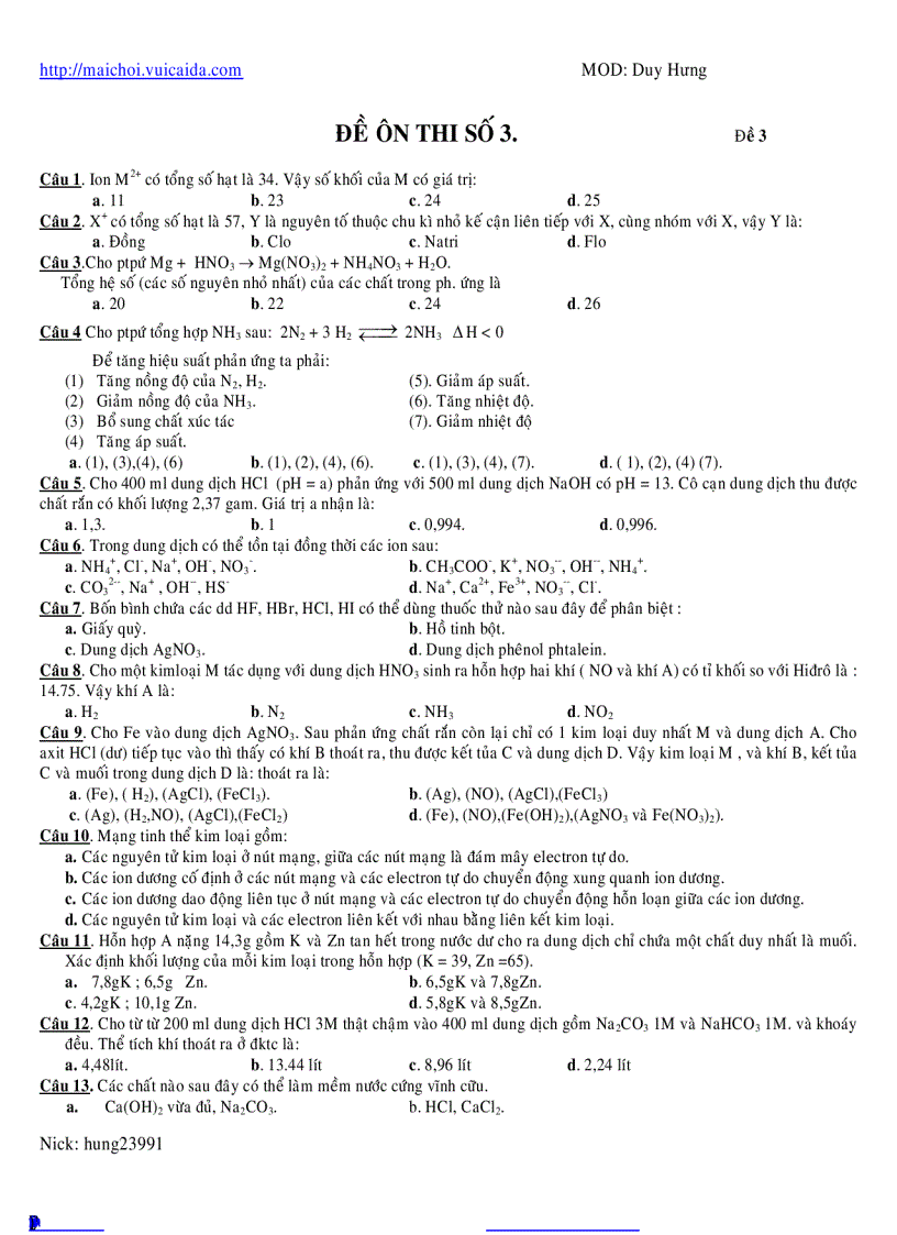Đề hay Đại học Hóa số 3
