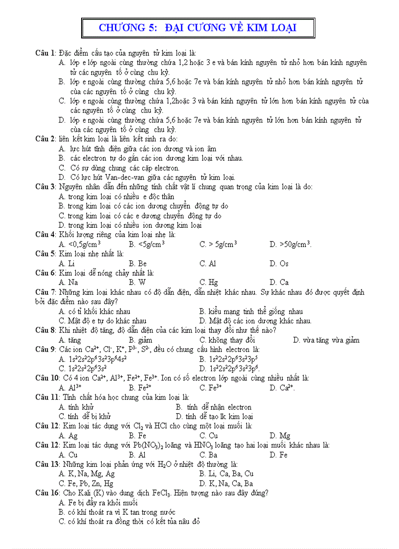 Câu hỏi TN Chương 5