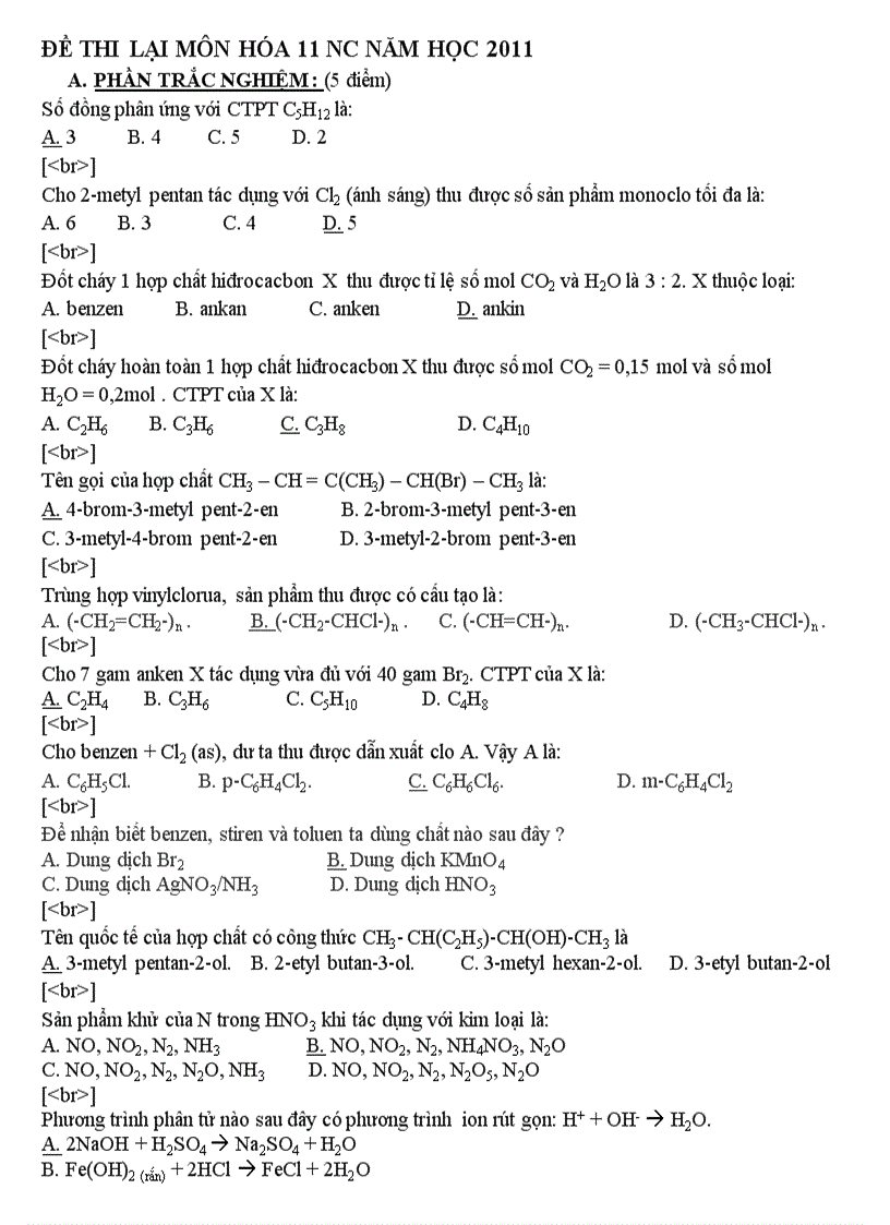 Đề thi lại hóa 11 nc