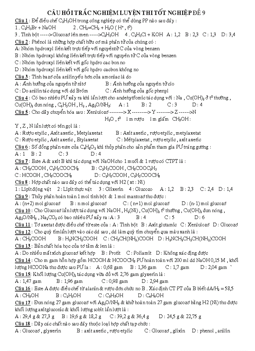 Câu Hỏi Trắc Nghiệm Luyện Thi Tốt Nghiệp ĐÊ 9