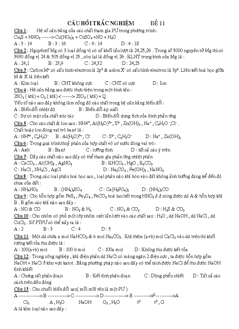 Câu Hỏi Trắc Nghiệm Luyện Thi Đại Học Đề 11