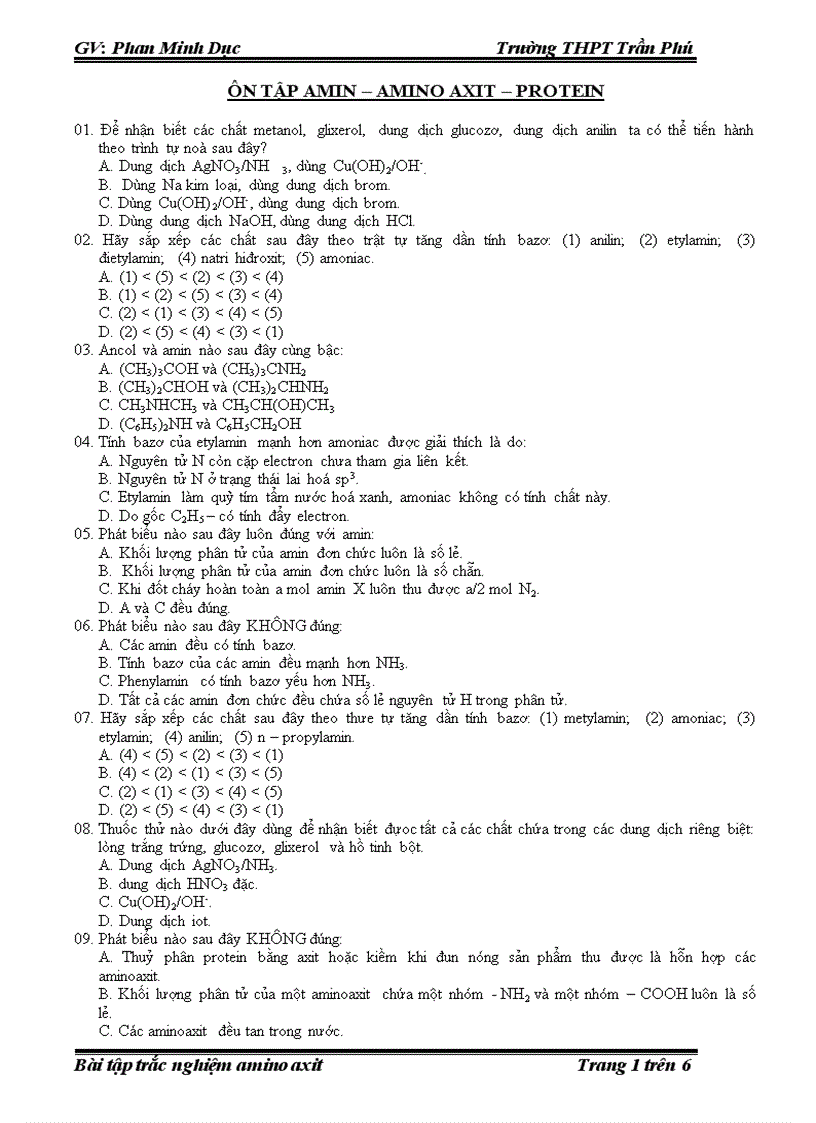 Bai tap trac nghiem amin aminoaxit protein