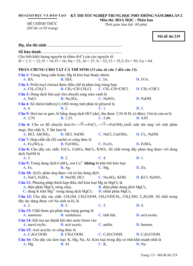 Đề tham khảo TN Hóa 219