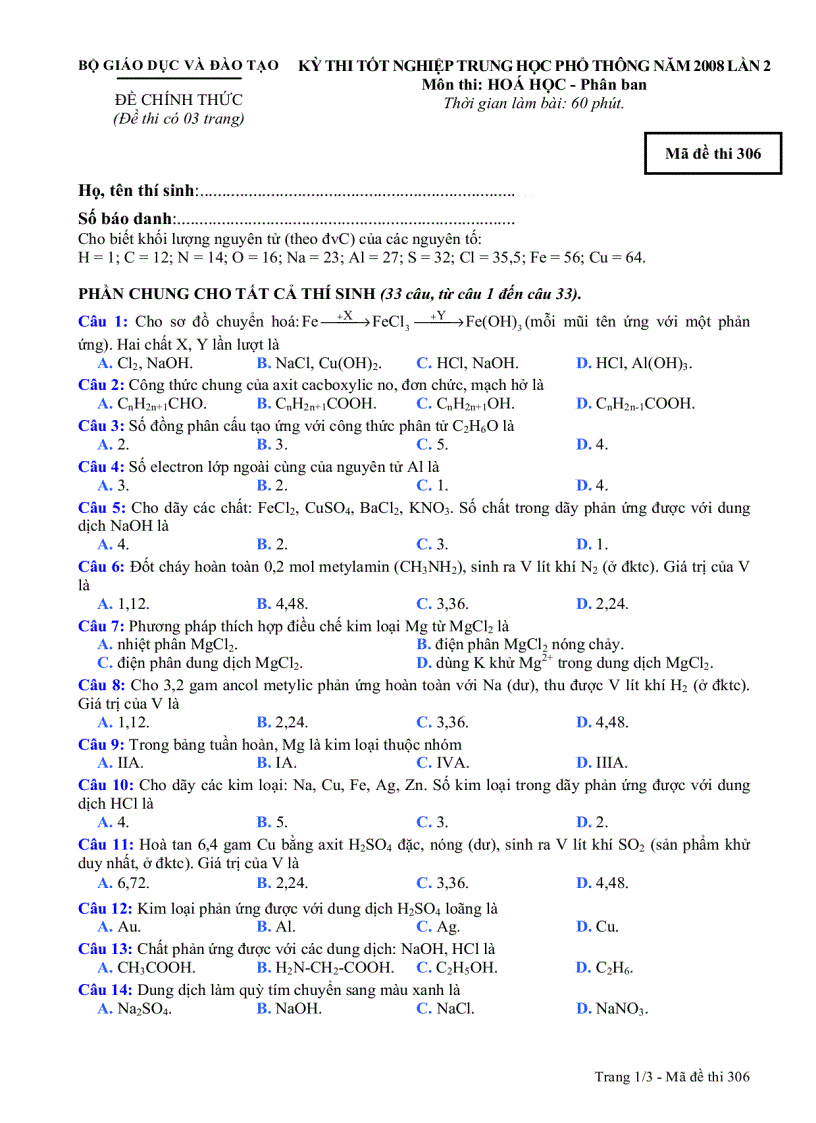 Đề tham khảo TN Hóa 306