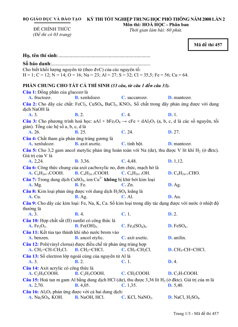 Đề tham khảo TN Hóa 457