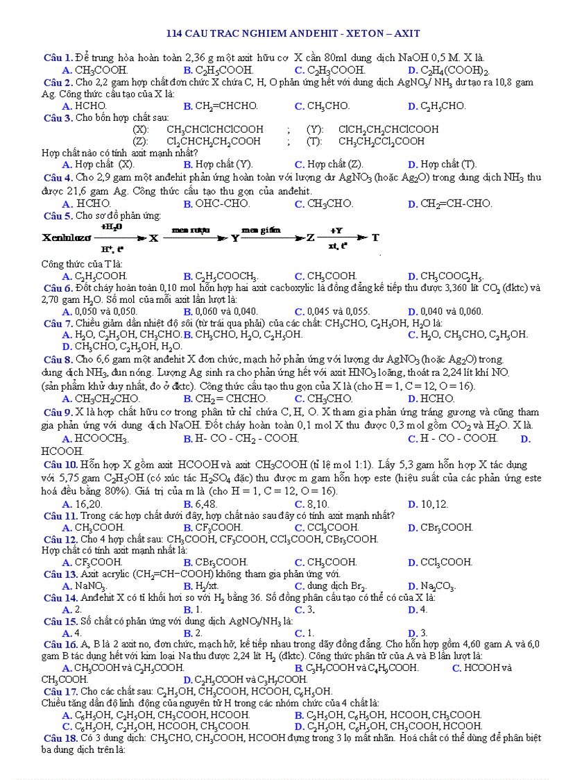 114 Câu TN ANDEHI XETON AXIT