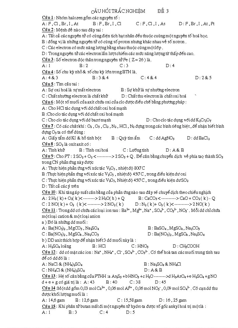Câu Hỏi Trắc Nghiệm Luyện Thi Đại Học Đề 3
