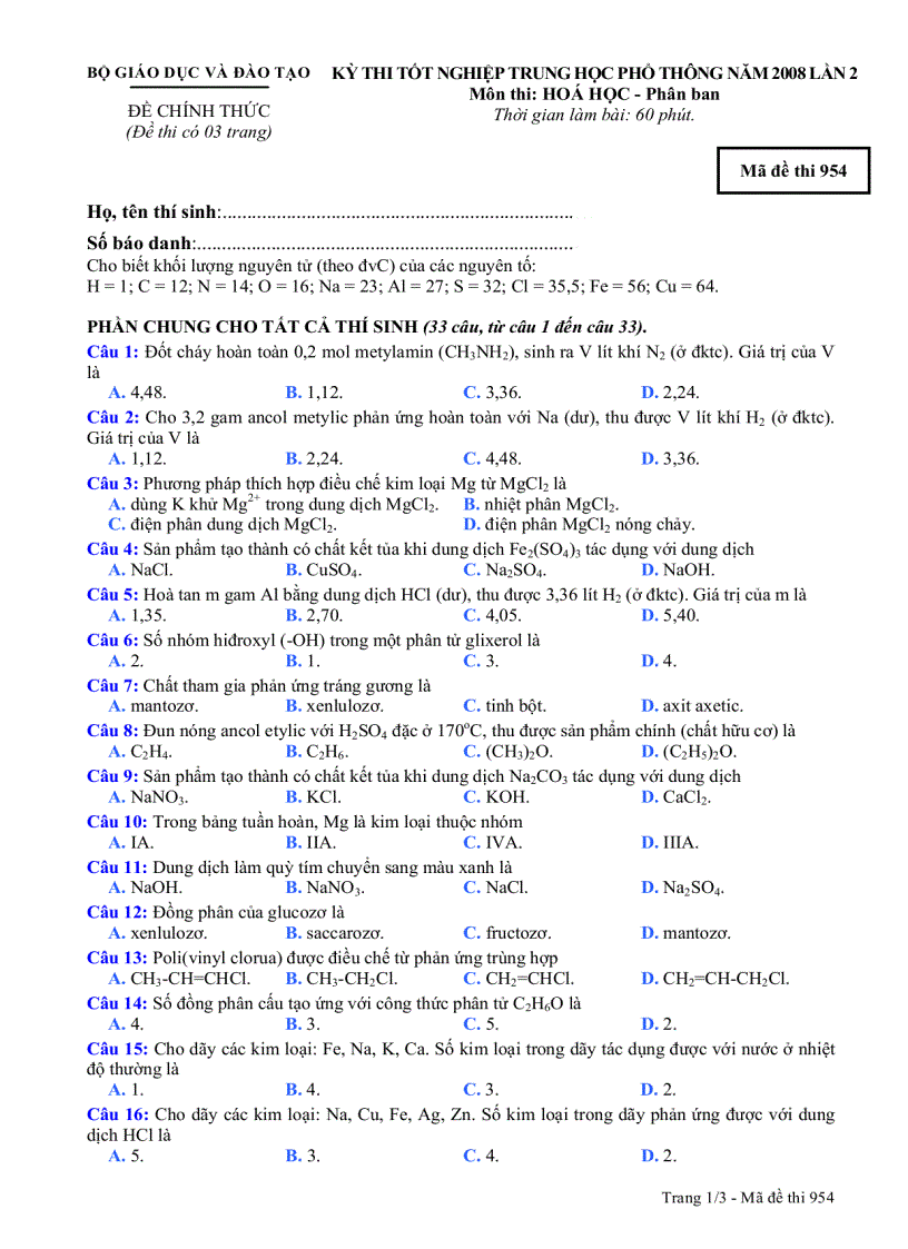 Đề tham khảo TN Hóa 954