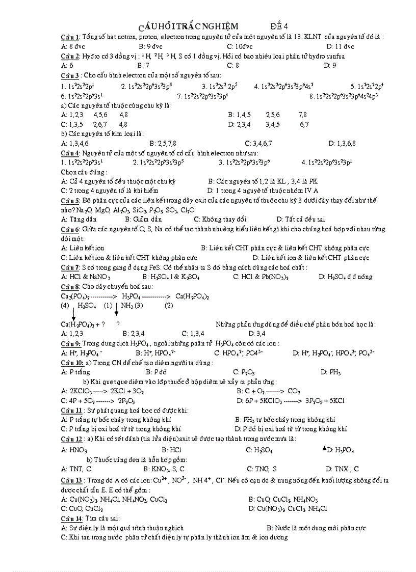 Câu Hỏi Trắc Nghiệm Luyện Thi Đại Học Đề 4