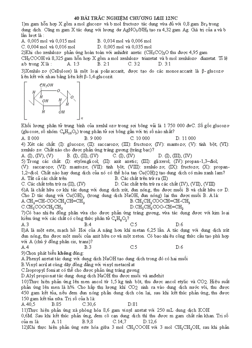 40 bài trắc nghiêm hay chương i và ii lớp 12nc