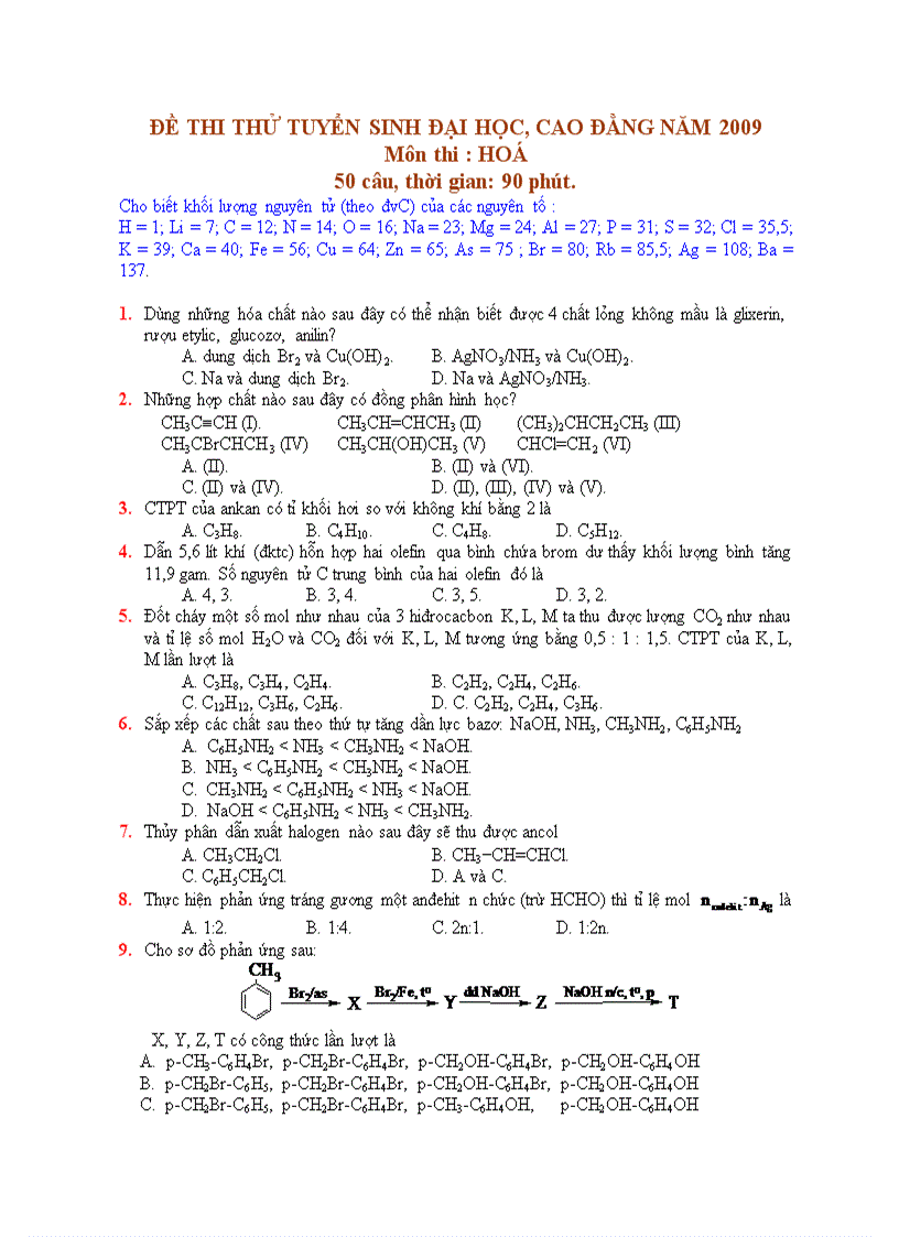 Đề thi thử đại học 2009 đáp án
