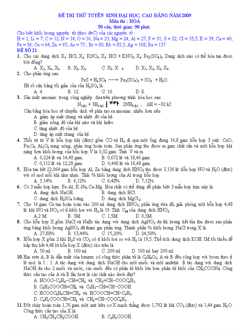 ĐỀ thi thư đại học của một số trường thpt 2009 môn hóa học