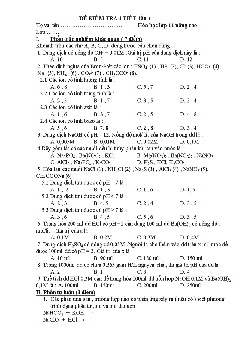 Đề kiểm tra 1 tiết lầ n 1 lớp 11 nâng cao