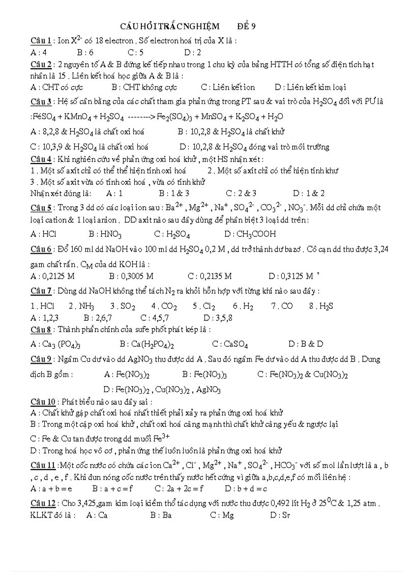 Câu Hỏi Trắc Nghiệm Luyện Thi Đại Học Đề 9