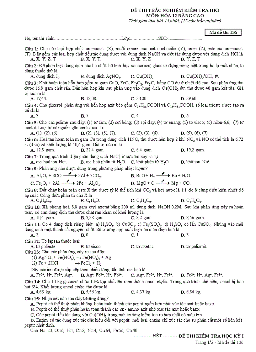 Đề mẫu HK I Hóa 12 5