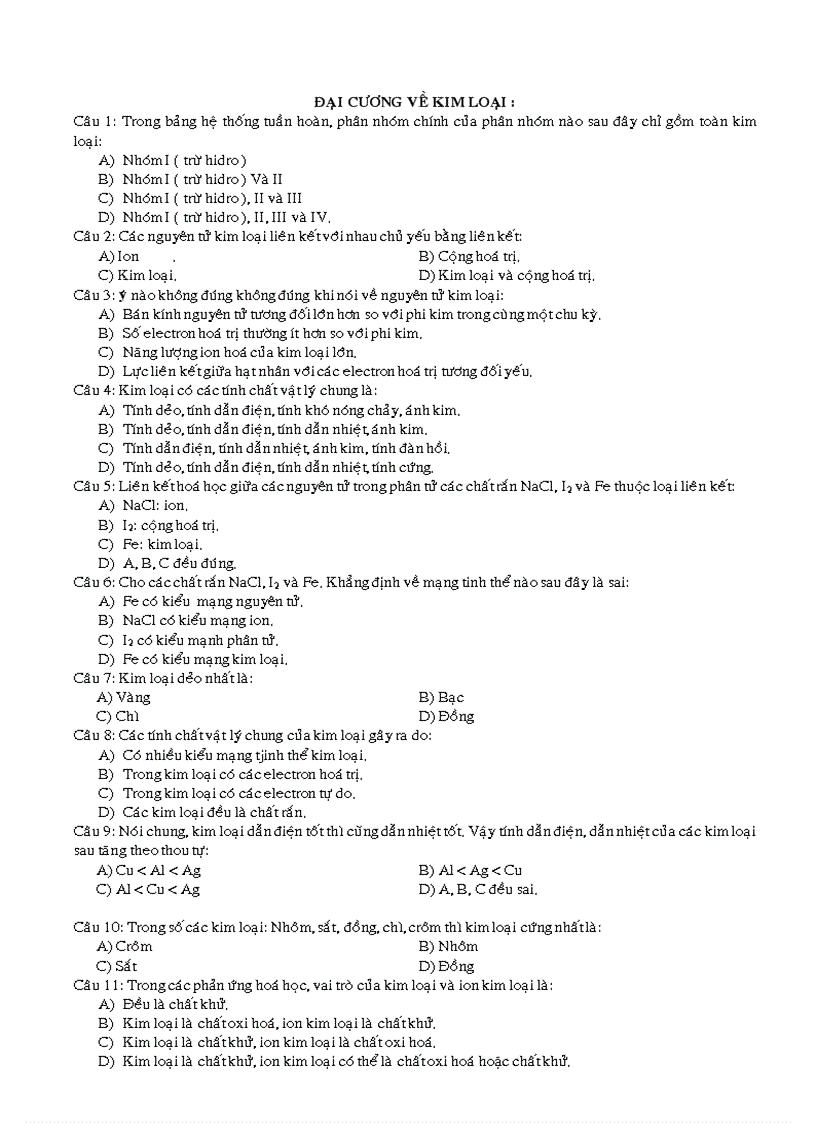Bài tập trắc nghiệm kim loại