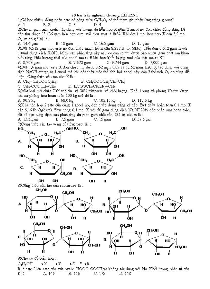 28 bài trắc nghiệm chương I II 12NC mới