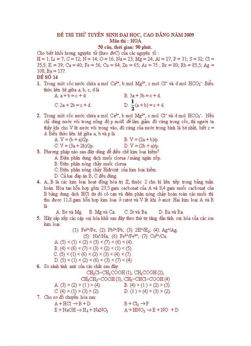 Đề thi thử đh 2009 mã 14 đáp án