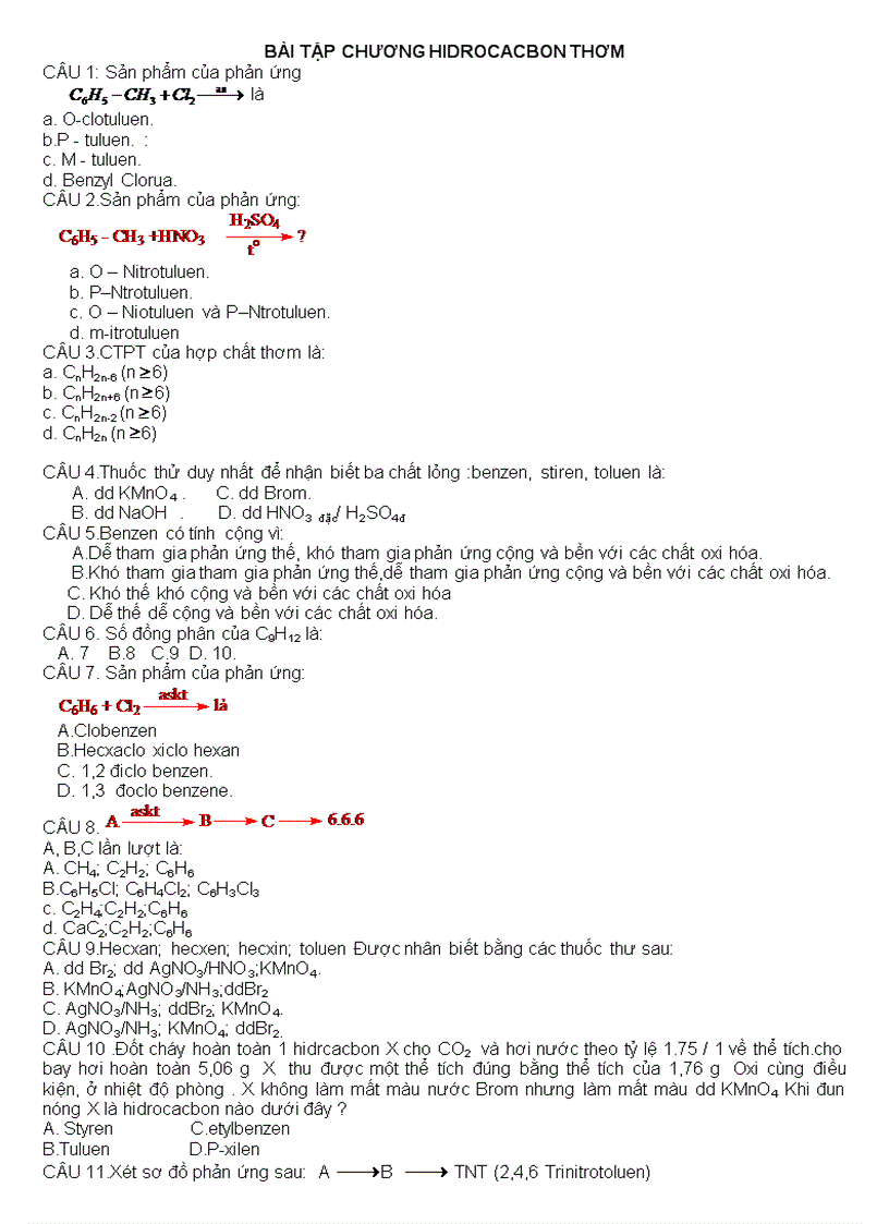 Bài tập trắc nghiệm ancol benzen