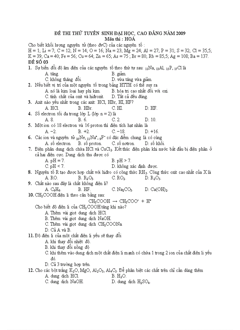 Đề thi thử đh mã 03 đáp án