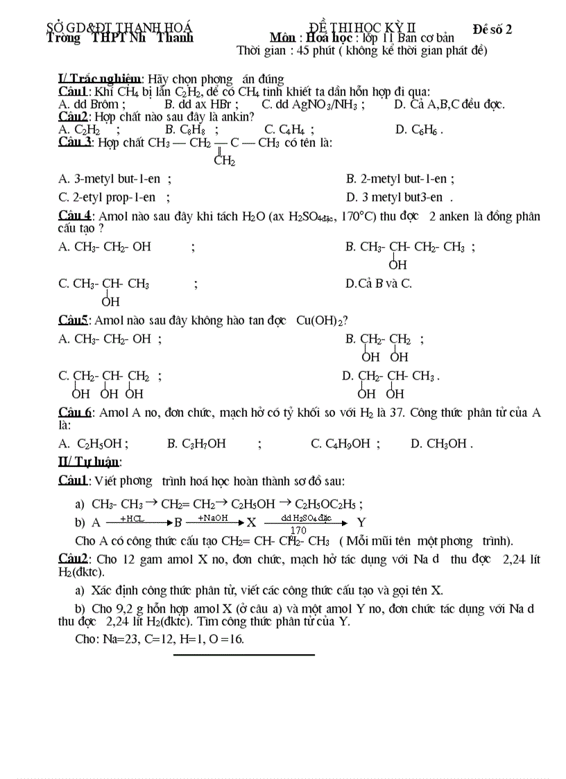 Đề thi học kỳ 2 lớp 11 CB