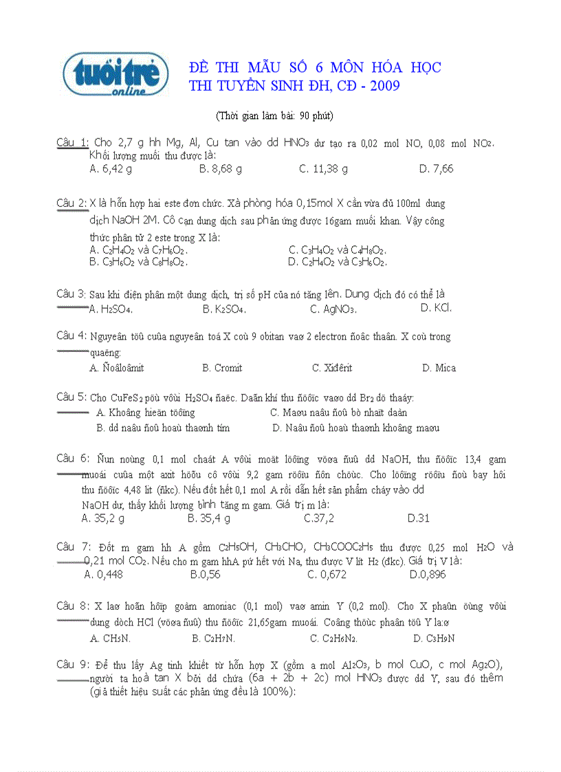 Đề thi mẫu đh số 6 báo tuổi trẻ